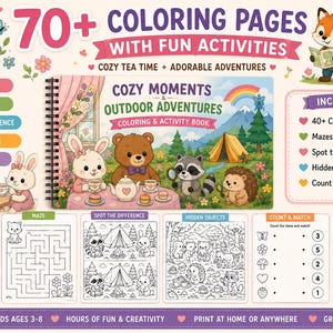 Peut inclure: Un livre de coloriage et d'activités numérique intitulé Cozy Moments & Outdoor Adventures avec des illustrations de lapin, ours, raton laveur et hérisson. L'ensemble comprend plus de 70 pages avec des labyrinthes, jeux et exercices de comptage.