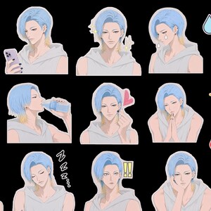 May include: A collection of twelve digital stickers featuring an anime-style character with light blue hair and a sleeveless grey hoodie. The set includes various facial expressions, poses, and decorative icons like water droplets, hearts, and stars.