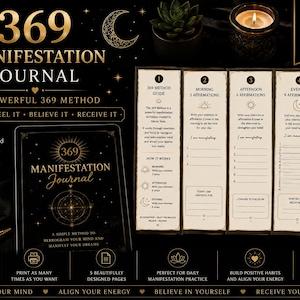Peut inclure: Un journal de manifestation 369 en téléchargement numérique avec une couverture noire ornée de graphismes et de textes célestes dorés. L'ensemble comprend cinq pages imprimables avec des sections structurées pour les affirmations, un suivi de manifestation et un guide.