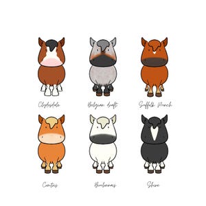 Cartoon Draft Horse PNG Bundle – 6 Transparent Clipart (Belgian, Suffolk Punch, Boulonnais, Comtois, Shire, Clydesdale) – For Stickers, Subl