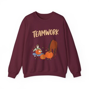 Horse Eating Pumpkin Sweatshirt Funny Halloween Farm Animal Crewneck Sweater, Cute Autumn Aesthetic Spooky Season Hoodie, Cozy Fall Pullover