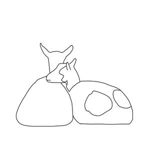 Peut inclure: Une illustration en dessin au trait noir et blanc représentant deux chèvres au repos côte à côte. Les chèvres sont représentées dans un style de contour simple et minimaliste, avec une chèvre derrière l'autre, montrant leurs têtes, oreilles et corps.