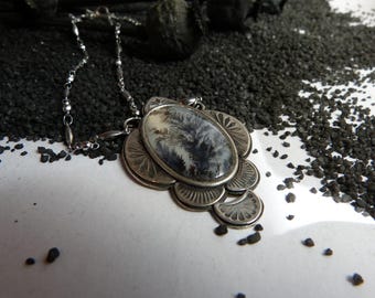 Unique Dendritic Agate Pendant Necklace, Art Nouveau Jewelry, Handmade French Artisan Necklace