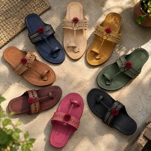 May include: A collection of seven flat sandals arranged in a circle, each featuring a toe loop, a wide strap with intricate woven patterns, and a small red pom-pom detail. The sandals come in various colors including navy, tan, mustard, olive, brown, maroon, and black.