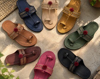 Handmade Leather Kolhapuri Chappals, Braided Floral Accent, Indian Ethnic Sandals