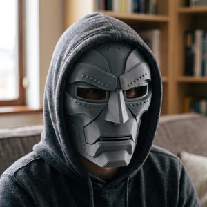 Op de afbeelding: Een grijs, stijf masker dat het hele gezicht bedekt met een metallic afwerking, voorzien van een prominente wenkbrauwboog, hoekige jukbeenderen en een gedefinieerde kaaklijn met klinknagelachtige details, gedragen onder een donkergrijze hoodie.