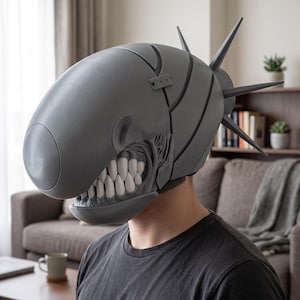 May include: A grey, smooth-surfaced helmet featuring an elongated, rounded head shape with a prominent jawline. The design includes a row of sharp, white teeth and several long, pointed spikes extending from the back of the head piece.