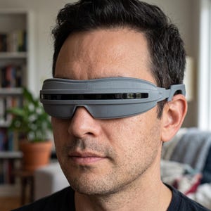 Op de afbeelding: Een grijs, 3D-geprint vizier met een strak, omsluitend ontwerp. De bril heeft een breed, matgrijs frame dat het ooggebied bedekt, geaccentueerd door een horizontale, glanzend zwarte lensstrip die over de voorkant van het vizier loopt.