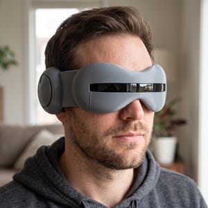 May include: A gray, contoured eye mask featuring a smooth, matte finish and a central horizontal black visor panel. The device wraps around the head with integrated circular side components, providing full coverage over the eye area.