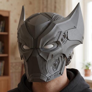 May include: A matte dark grey full-face helmet featuring a stylised animal-inspired design with prominent pointed ears, a mesh-textured nose guard, and mechanical detailing along the sides. The helmet includes white eye lenses and a structured shell.