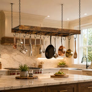 May include: A rectangular hanging pot rack made of dark brown wood and black metal, suspended by four black chains. The rack features multiple black metal hooks holding various kitchen utensils, including metal pans, a whisk, and a wooden spoon.