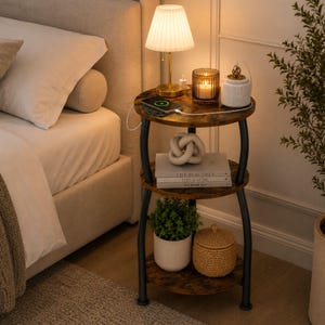 May include: A three-tier round side table with a dark wood grain finish and black metal frame. The top shelf holds a lamp, a candle, and a charging phone. The middle shelf features a decorative knot and books. The bottom shelf holds a plant and a basket.