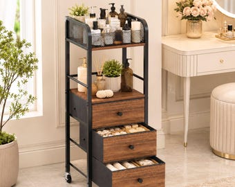 Floor Makeup Organizer Cart with Drawers, Vanity Storage Cart, Skincare Organizer, Cosmetic Storage Cabinet with Wheels