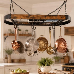 Ceiling Mount Hanging Pot Rack , Kitchen Pot and Pan Organizer with S Hooks, Rustic Industrial Storage Rack For Kitchen Accessories