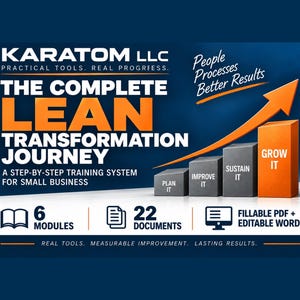 May include: A promotional graphic for Karatom LLC titled The Complete Lean Transformation Journey, featuring a bar chart with steps labeled Plan It, Improve It, Sustain It, and Grow It, alongside icons for 6 modules, 22 documents, and fillable PDF files.