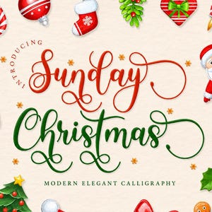 Könnte beinhalten: Eine digitale Illustration mit dem Text "Introducing Sunday Christmas Modern Elegant Calligraphy", umgeben von festlichen Symbolen wie einer Zuckerstange, einer roten Kugel, einem Strumpf, Misteln, einem Herz, einem Stern, dem Weihnachtsmann, einem Schneemann, einem Baum, einer Mütze, einem Geschenk und einem Lebkuchenmann.