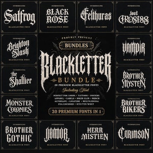 Può includere: Una visualizzazione grafica digitale che mostra un Blackletter Bundle con 20 font premium. Il testo centrale recita Blackletter Bundle, circondato da nomi di font individuali come Saltfrog, Black Rose, Felthuras e altri in caratteri gotici bianchi.