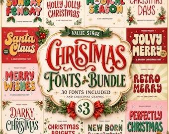 Jultypsnittspaket, 30 festliga typsnitt och grafik (digital nedladdning)