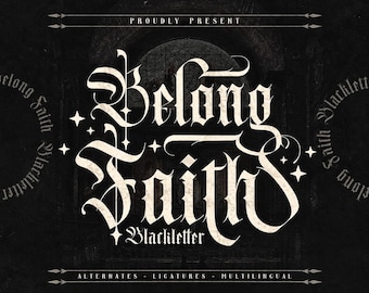 Teckensnitt Belfry Blackletter, gotiskt gammalengelskt typsnitt, medeltida tatueringstypsnitt för kommersiell användning för logotyper