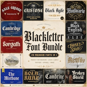 Könnte beinhalten: Eine digitale Sammlung mit dem Titel Blackletter Font Bundle, die 20 Premium-Schriftarten in einem Paket enthält. Die Anzeige präsentiert verschiedene typografische Stile, darunter Axle Grease, Cristone, Black Agile, Montecarlo, Cambridge, Sorgath, Black English, Honey Star, Velgravia, Rettik, The Mistbane, Bold Rune, Cambrine und Broken Shield.