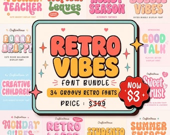 Retro Vibes typsnittspaket, 34 groovy typsnitt, bubbel-retro typsnitt, Canva Cricut Procreate Commercial