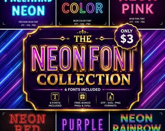 Neontypsnittspaket, neonskylttypsnitt, glödande displaytypsnittspaket, SVG PNG OTF, 6 typsnitt, kommersiellt bruk
