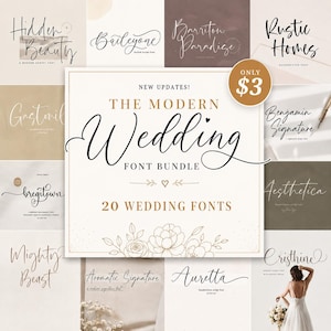 Op de afbeelding: Een digitale grafische weergave van The Modern Wedding Font Bundle met 20 trouwlettertypes. De centrale tekst is omringd door diverse voorbeelden van lettertypes, waaronder Hidden Beauty, Baileyone, Barriton Paradise en Rustic Homes.