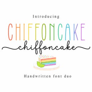 May include: A graphic design featuring the text Introducing at the top, followed by the word CHIFFONCAKE in rainbow-colored sans-serif letters, the word chiffoncake in black script, and a slice of rainbow layer cake with two green leaves.