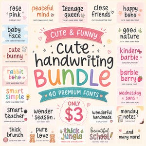 Pode incluir: Uma exibição gráfica digital mostrando um pacote de 40 fontes premium com o texto central Cute handwriting BUNDLE. A imagem apresenta várias amostras de estilos de fonte em caixas retangulares com rótulos como rose pink, baby face e smart teacher.