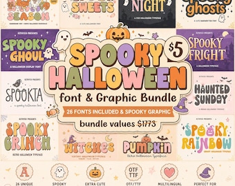 Paket med teckensnitt och grafik för läskiga Halloween-teckensnitt (26 teckensnitt), digital nedladdning