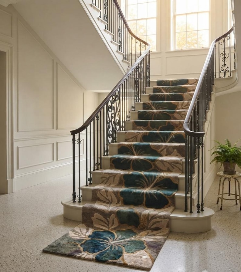 Hand-tufted Wool Stair Runner, Teal Floral Botanical Design, Custom ...