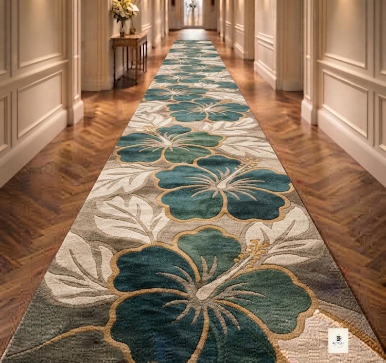 Hand-tufted Wool Stair Runner, Teal Floral Botanical Design, Custom ...