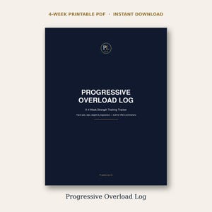 May include: A dark navy blue printable PDF document titled Progressive Overload Log, A 4-Week Strength Training Tracker. The text includes Track sets, reps, weight & progression—built for lifters and trainers, with a PL logo at the top and ProgressLoop Co at the bottom.