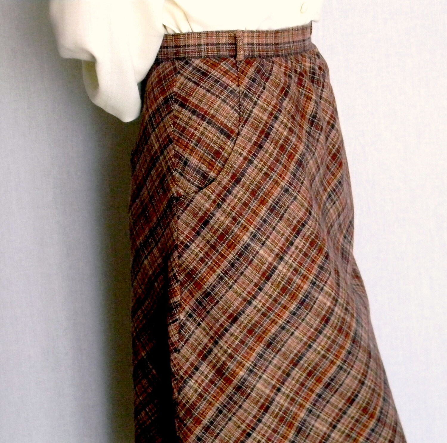 60s Flared skirt. Vintage plaid skirt. Brown gored skirt. Wool Etsy