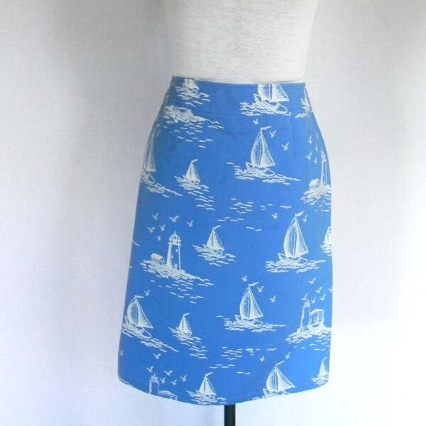 Summer Skirt SALE Nautical Skirt Boat Lighthouse Print Blue White Straight Skirt 1980s Resort Skirt Mad Men Fashion Resout Wear Clothing