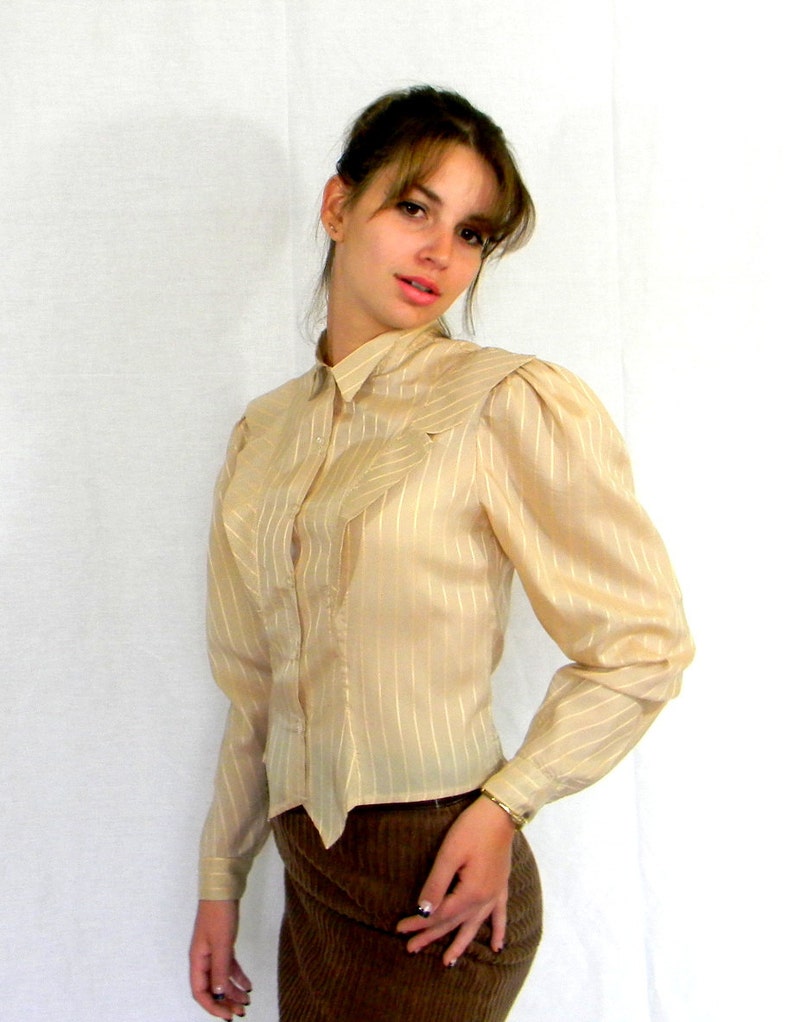 50s Tuxedo Blouse Striped Beige Gold Pastel Mad Men Fashion Spring fashion Vintage Silky Blouse