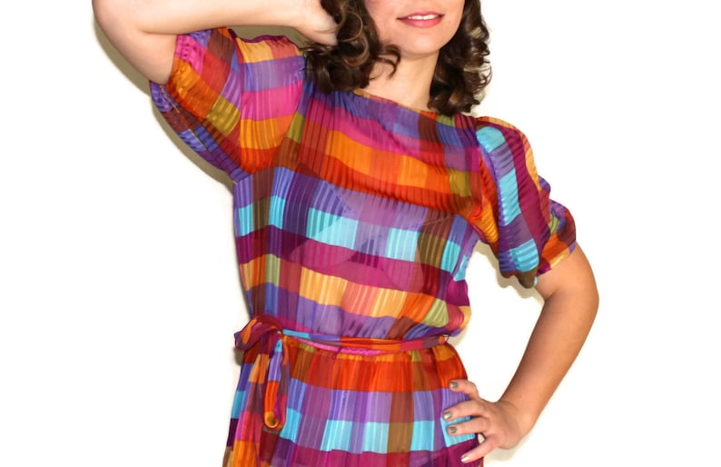 70s Liz Petites Summer Dress Pink Orange Turquoise Purple Green Yellow Vintage Sheer Plaid Rainbow Dress Mad Men Fashion