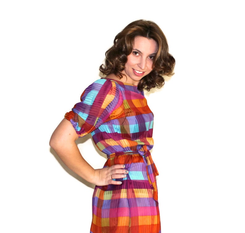 70s Liz Petites Summer Dress Pink Orange Turquoise Purple Green Yellow Vintage Sheer Plaid Rainbow Dress Mad Men Fashion
