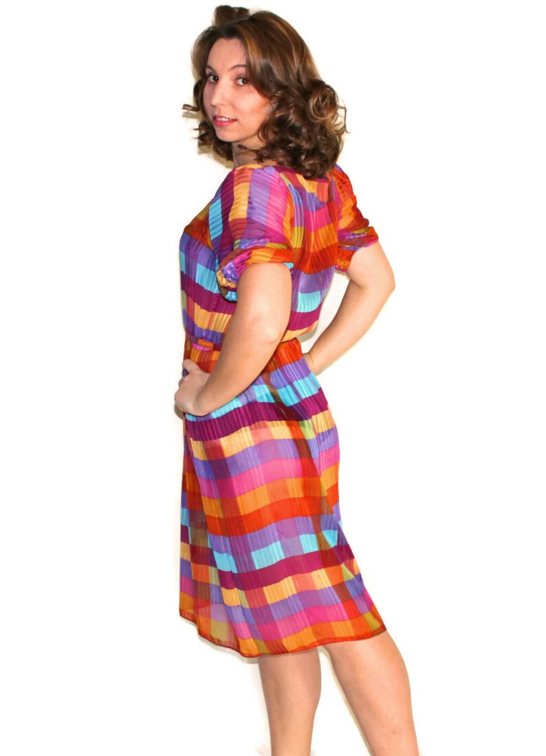 70s Liz Petites Summer Dress Pink Orange Turquoise Purple Green Yellow Vintage Sheer Plaid Rainbow Dress Mad Men Fashion