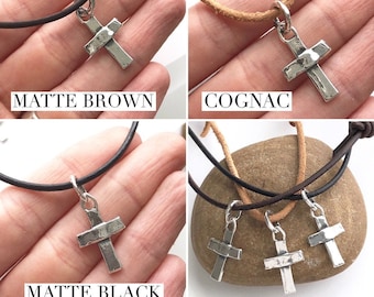 Artisan Sterling Silver Cross on Leather Cord Necklace