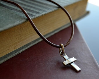 Artisan Sterling Silver Cross on Leather Cord Necklace