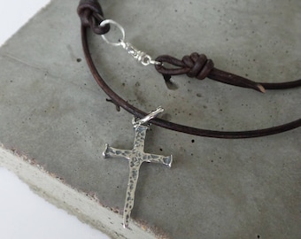 Rustic Sterling Silver Nail Cross on Leather Necklace...Religious, Man, Dad, Husband, Baptism, Confirmation
