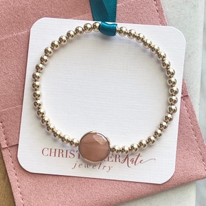 Peach Moonstone Gold Ball Beaded Stacking Bracelet