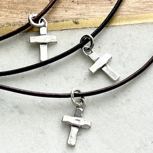 Artisan Sterling Silver Cross on Leather Cord Necklace image 1