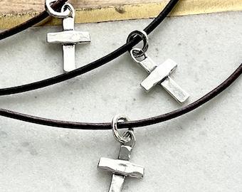 Artisan Sterling Silver Cross on Leather Cord Necklace