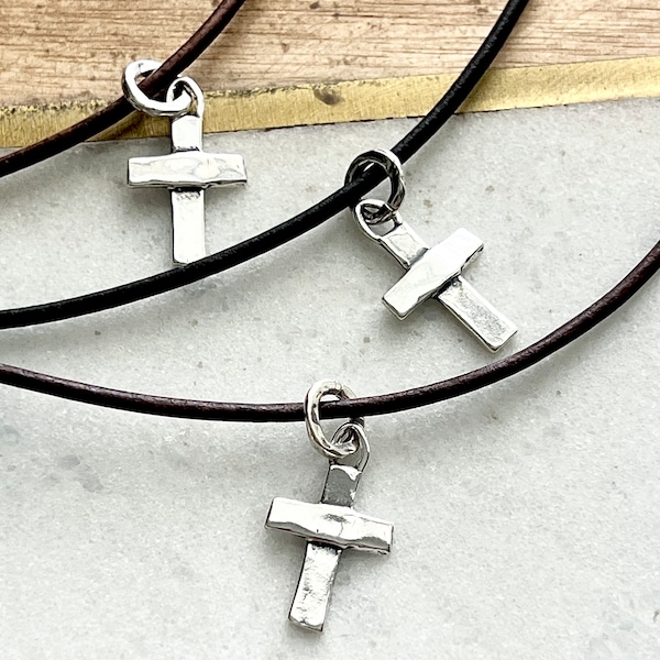 Artisan Sterling Silver Cross on Leather Cord Necklace