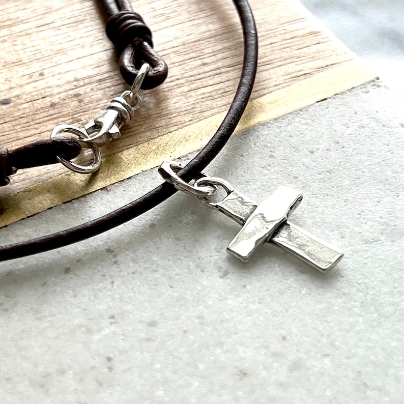 Artisan Sterling Silver Cross on Leather Cord Necklace image 2