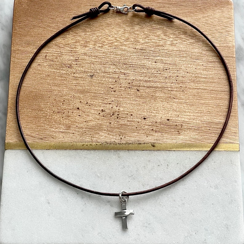 Artisan Sterling Silver Cross on Leather Cord Necklace image 5