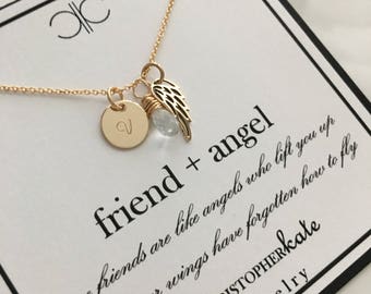 Personalized Monogrammed Friend Angel Wing Necklace with Gemstone/Birthstone Briolette.....Sister, Friend, Gold