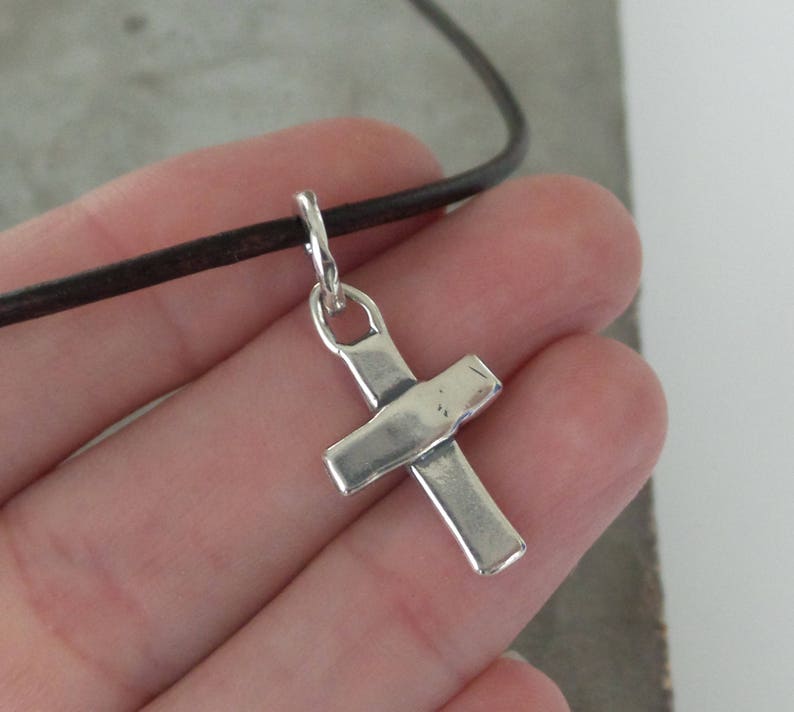 Artisan Sterling Silver Cross on Leather Cord Necklace image 8